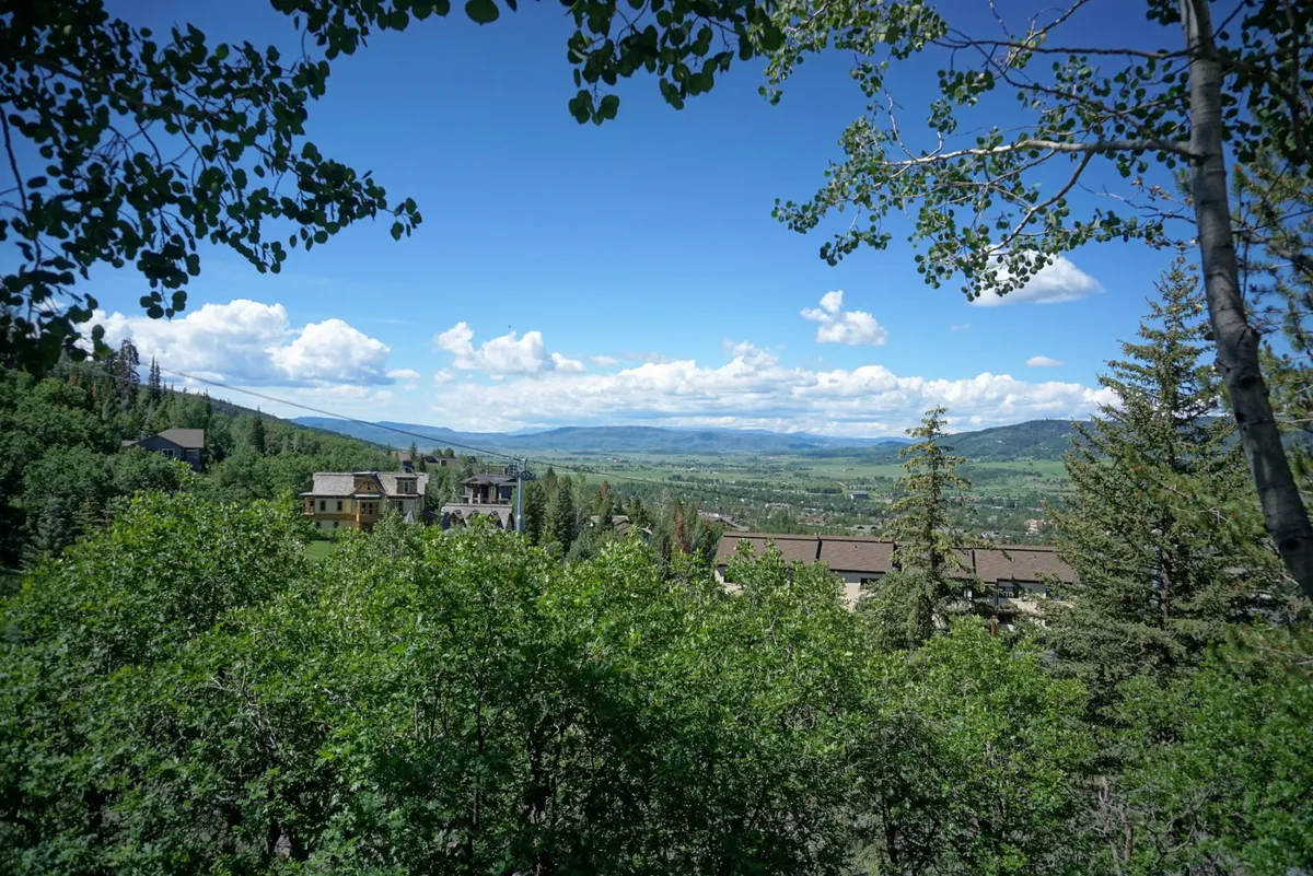 A sweeping view of a mountain range with vast greenery and residential homes nestled below. The landscape invites outdoor exploration and highlights the region’s wildlife and sunrise experiences.